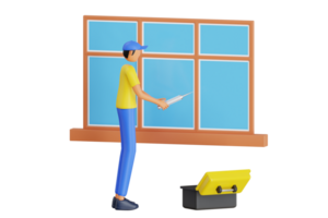 Worker installing window panel 3D Illustration. Windows installer 3d illustration png