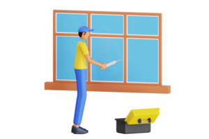 Worker installing window panel 3D Illustration. Windows installer 3d illustration png