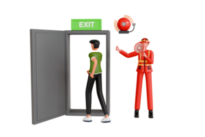 3d Illustration von Feuerwehrmann mit Megaphon zu warnen Personen. Feuerwehrmann mit Megaphon kündigt an Feuer Notfall Evakuierung Alarm png