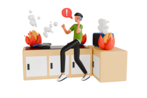 3d illustration of Boy calling fire emergency service due to fire in kitchen. fire emergency service 3d illustration png