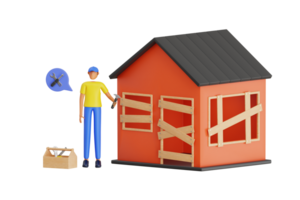 Home renovation 3d illustration. man has repaired the old house png
