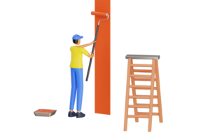 mannetje schilder schilderij muur 3d illustratie. vakman schilderij wit muur met rol verf. 3d illustratie png