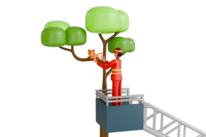 3D Illustration of Fire fighter rescuing cat stuck on tree. 3d illustration png