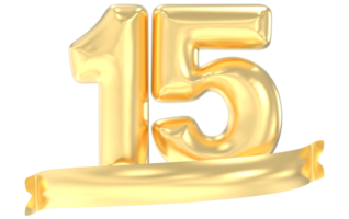 Anniversary 15 Number Gold 3D Rendering png