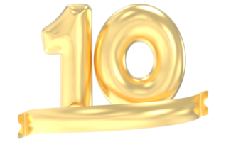 Anniversary 10 Number Gold 3D Rendering png