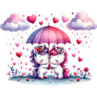 AI generated couple of unicorns in love with umbrella and hearts png