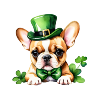 ai gegenereerd waterverf schilderij van Frans bulldog vervelend elf van Ierse folklore hoed en groen boog stropdas geïsoleerd Aan transparant achtergrond png