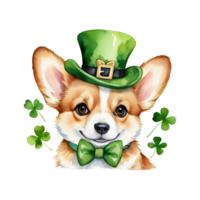 ai generado linda corgi perro vistiendo verde arco Corbata y duende sombrero en S t. patrick's día aislado en transparente antecedentes png