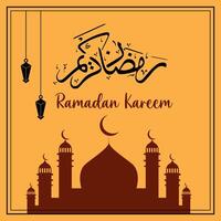 Ramadán kareem caligrafía con rojo mezquita y colgando lamparas beige antecedentes vector ilustración