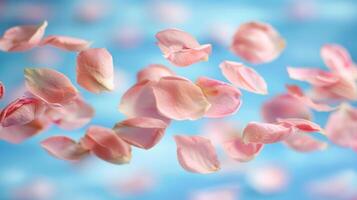 ai generado agraciado minimalista primavera antecedentes con flotante Rosa oro y polvo azul pétalos foto