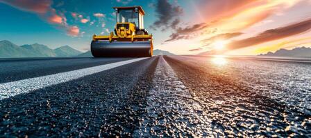 AI generated Yellow road roller actively paving fresh asphalt on newly completed road construction photo