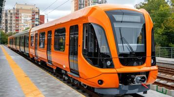 AI generated Sleek modern express train pulling into bustling city train station among urban architecture photo