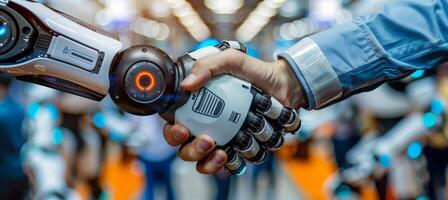 AI generated Human and robot handshake  fusion of technology and humanity on blurred background photo