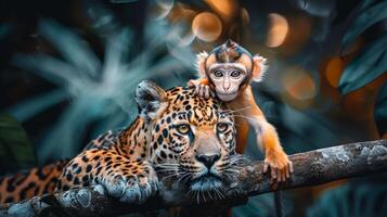 AI generated Panther and monkey s captivating encounter in a lush jungle, depicting diverse animal relationships photo