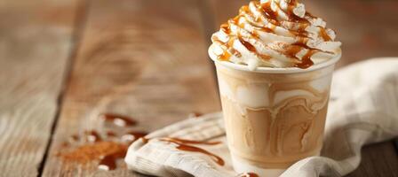 AI generated Iced frappe cup on blurred background with space for text, perfect for food photography projects photo