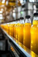AI generated Fruit juice beverage manufacturing on conveyor belt in drink factory production line photo