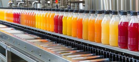 AI generated Fruit juice beverage production line on conveyor belt in drink manufacturing facility photo