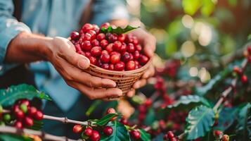 AI generated Senior brazilian man harvesting coffee beans in basket with copy space for text placement photo