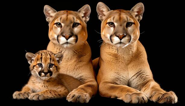 AI generated Male puma and cub portrait, text space on left, object on right for versatile design use photo