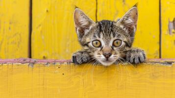 AI generated Curious tabby kitten peeking over yellow wooden background, paws up, blurred scene with copy space photo