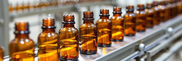 AI generated Automated pharmaceutical manufacturing with glass bottles on conveyor line in production facility photo