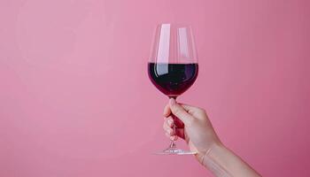 AI generated Graceful hand holding red wine glass on pastel background with ample space for text placement photo