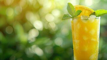 AI generated Fresh orange juice in glass with mint leaves on blurred background, perfect for text placement photo