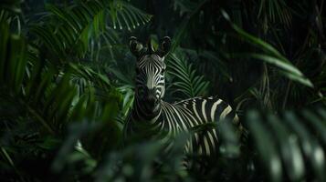 AI generated Zebra peeking curiously through lush dark tropical jungle leaves in the wild nature. photo