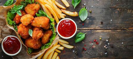 AI generated Top view of traditional chicken nuggets and fries on wooden table with space for text photo