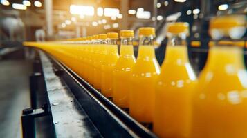 AI generated Beverage production line  fruit juice on conveyor belt in drink manufacturing facility photo