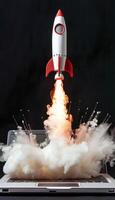 AI generated Laptop launching rocket, symbolizing start up success with dramatic smoke, ideal for new businesses photo