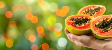 AI generated Hand holding ripe papaya with selection on blurred papaya background, copy space available photo