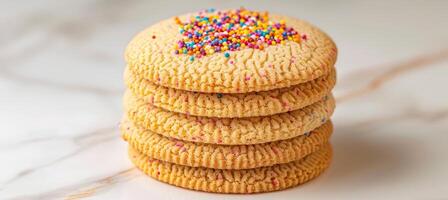 AI generated Professional food photography of frosted sugar cookies adorned with colorful sprinkles photo