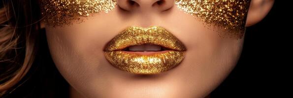 AI generated Golden makeup drips on model s face with lip gloss and metallic skin, copy space available photo