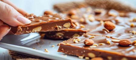 AI generated Close up of hand breaking peanut brittle, crunchy texture with peanuts, bright white background photo