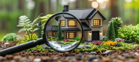 AI generated Real estate exploration concept with miniature house model revealed under a magnifying glass photo