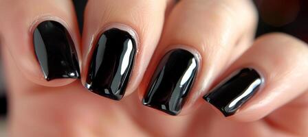 AI generated Close up of woman s elegant hand with chic black nail polish, stylish and glamorous photo
