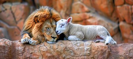 AI generated Lion and lamb peacefully coexisting in perfect harmony, symbolizing peace and unity photo