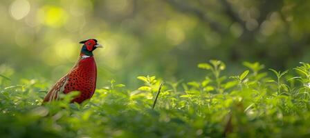AI generated Majestic wild pheasant in forest habitat with blurred background, space for text placement photo