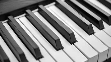 AI generated Monochrome close up of black and white piano keyboard, musical instrument in grayscale tones photo