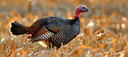 ai generado majestuoso Turquía puntales con orgullo en un maizal después el cosecha, mostrando sus grandeza foto