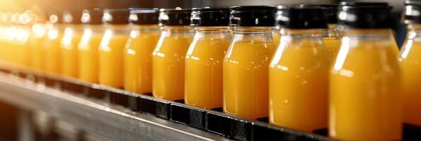 AI generated Conveyor belt in drink factory producing fruit juice beverages on a production line photo