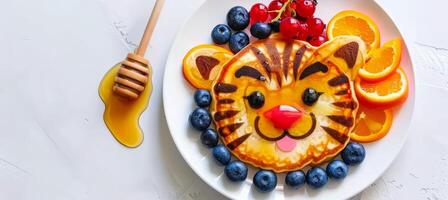 AI generated Adorable tiger face pancake breakfast for kids with berries and honey on white plate, copy space photo