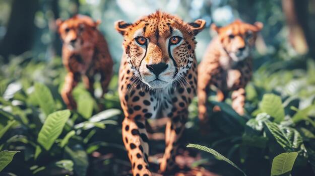 AI generated Agile cheetahs sprinting across the savannah, swift predators at the edge of the lush jungle photo
