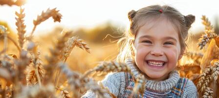 AI generated Young girl joyfully smiling in a beautiful wheat field at sunset, embracing happiness photo