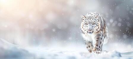 AI generated Snow leopard blending perfectly with the snowy background for superior camouflage photo