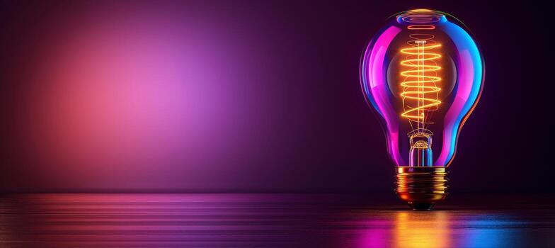 AI generated Neon light bulb casting a radiant glow in open space, illuminating the surroundings photo