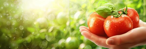 AI generated Fresh ripe tomato held in hand, selecting tomatoes with copy space on blurred background photo