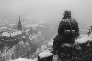 ai generado conmovedor tiempo de guerra retrato, sacrificio y valentía en un de soldado emocional fotografía desde el segundo genial guerra, un poderoso representación de humano Peaje y Resiliencia en medio de lucha para libertad foto