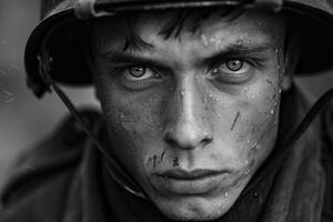 ai generado conmovedor tiempo de guerra retrato, sacrificio y valentía en un de soldado emocional fotografía desde el segundo genial guerra, un poderoso representación de humano Peaje y Resiliencia en medio de lucha para libertad foto